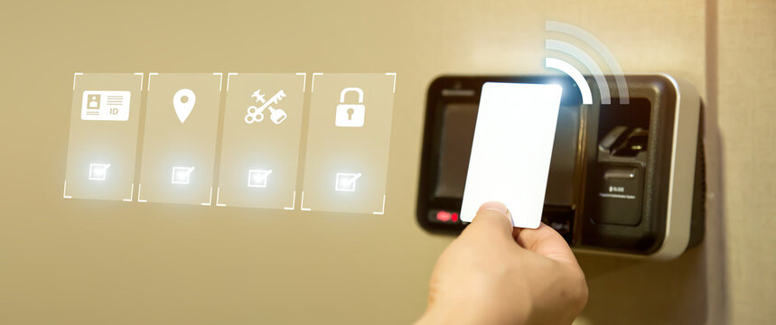 Proximity card reader door unlock, Hand security man using ID card on fingerprint scanning access control system for identity verification to open the door or for security safety or check attendance.