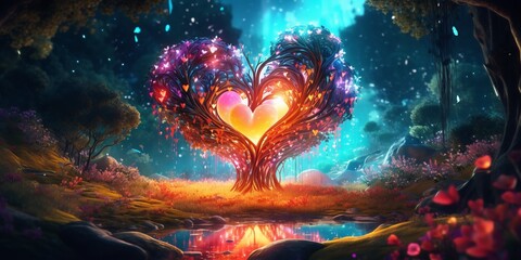 Heart shape glowing tree in a magical forest
