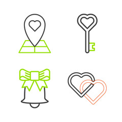 Set line Two Linked Hearts, Ringing bell, Key heart shape and Map pointer with icon. Vector