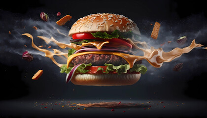 reate an artistic image of a mouth-watering juicy burger with flying bacon, fries, sausage, and cheese splashes. The focus should be on creating an ultra-realistic, photo-realistic, or hyper-realistic