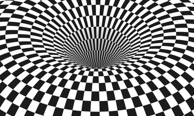 Naklejka premium Abstract optical illusion. Hypnotic tunnel with black and white squares. Vector illustration.