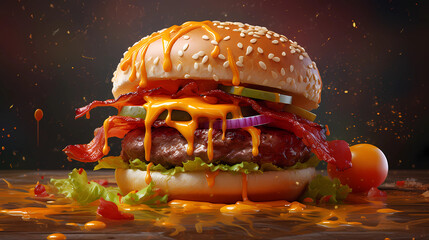 artistic image of a mouth-watering juicy burger with flying bacon, fries, sausage, and cheese splashes. The focus should be on creating an ultra-realistic