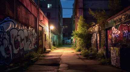 Quiet Alleyway in Urban Neighborhood at Night. Dark Street with Streetlights and Colorful Graffiti. Generated AI