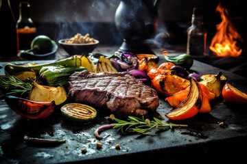 fried steak on the grill lies on a stone board with vegetables. Gourmet food. Generative AI