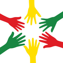 Silhouette of red, yellow and green colored hands as the colors of the Black History Month flag. Flat design illustration.
