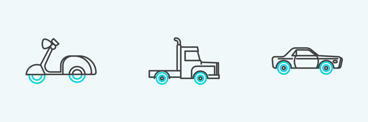 Set line Sedan car, Scooter and Delivery cargo truck vehicle icon. Vector