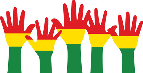Silhouette of red, yellow and green colored hands as the colors of the Black History Month flag. Flat design illustration.