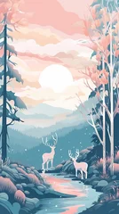Abwaschbare Fototapete Hell-pink Forest landscape background illustration in pastel colors created with Generative AI technology