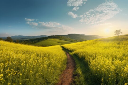 Natural panoramic spring summer landscape. Path through a rapeseed meadow. genart 
