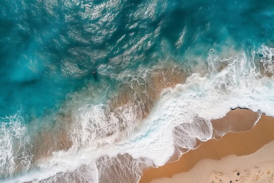 Ocean waves on the beach as a background. Beautiful natural summer vacation holidays background. Aerial top down view of beach and sea with blue water. Generative ai 4 © MaVeRa