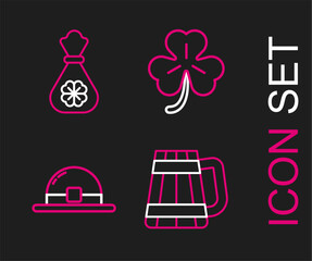 Set line Wooden beer mug, Leprechaun hat, Four leaf clover and Money bag with four icon. Vector