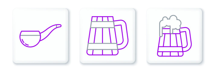 Set line Wooden beer mug, Smoking pipe and icon. Vector