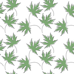 Green maple leaves seamless pattern vector. Abstract line continuous leaf icon. Floral illustration. Botanical backdrop. Wallpaper, background, fabric, textile, print, wrapping paper, package design.
