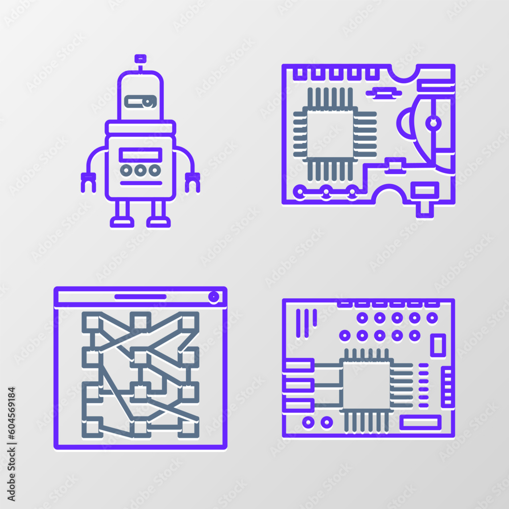 Sticker Set line Printed circuit board PCB, Global technology or social network, and Robot icon. Vector