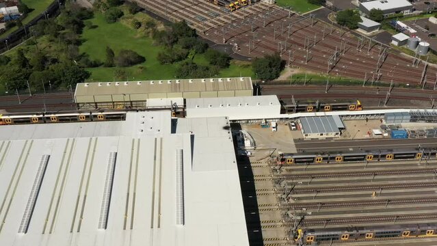 Auburn Train Station In Sydney West Parramatta Railway Tracks Aerial 4k.
