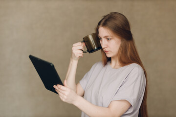 Portrait of young student actress learning role woman with digital tablet. Acting test casting film...