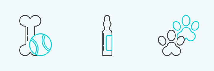 Set line Paw print, Pet toys bone rubber and ball and Pets vial medical icon. Vector