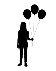 Girl standing and  holding balloons vector black silhouette.