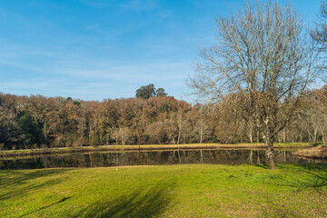 Landscape of the Lima river in Ponte da Barca, Portugal. View of the Poets Park to the river Lima.