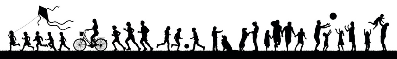 Silhouettes set of group people adult and kids having fun outdoor activities vector. 