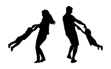 Parents swing child in the air vector silhouette.