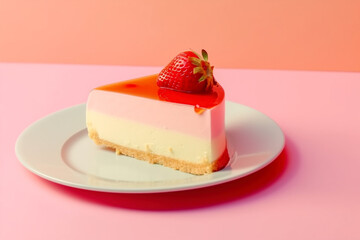 Slice of strawberry cheesecake on plate. Generative AI illustration