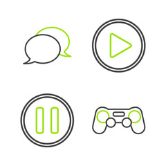 Set line Gamepad, Pause button, Play in circle and Speech bubble chat icon. Vector