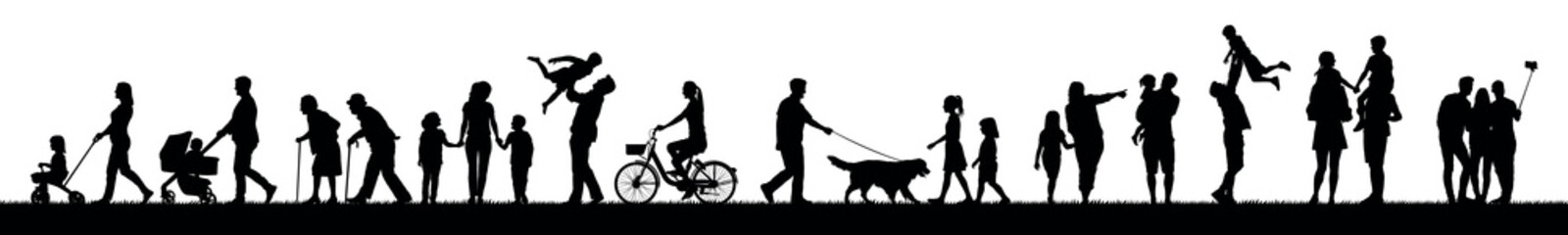 Silhouettes set of group people adult and kids outdoor activities vector. Family recreation friends having fun outdoor in park silhouettes.