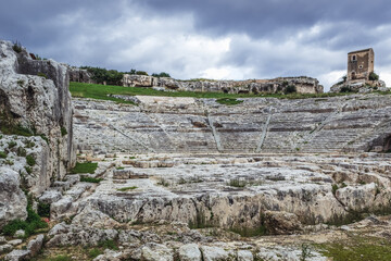 Greek Theater in Neapolis archaeological park, Syracuse city, Sicily in Italy