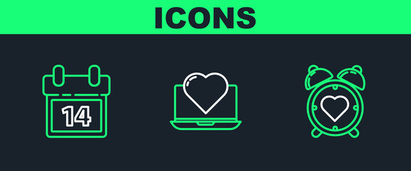 Set line Heart in the center alarm clock, Calendar with February 14 and Laptop heart icon. Vector