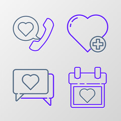 Set line Calendar with heart, Like and, Heart and Telephone speech bubble icon. Vector