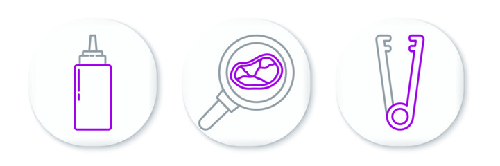 Set line Meat tongs, Sauce bottle and Steak meat in frying pan icon. Vector