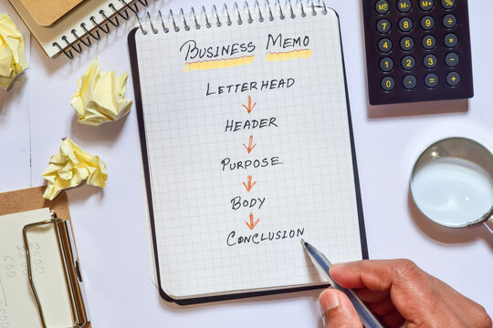 How to write Business memorandum concept steps and format on notepad.