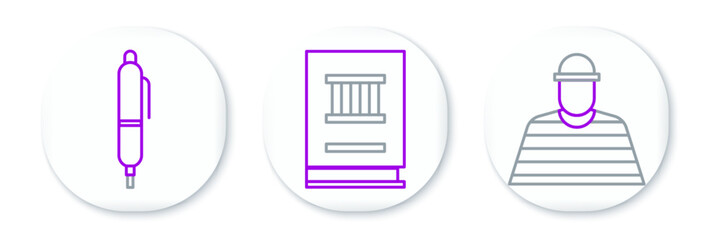 Set line Prisoner, Pen and Law book icon. Vector