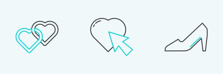Set line Woman shoe, Two Linked Hearts and and cursor click icon. Vector
