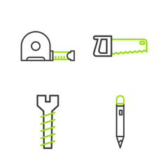 Set line Pencil with eraser, Metallic screw, Hand saw and Roulette construction icon. Vector