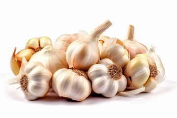 Heap of white garlic heads and cloves isolated on white background. Garlic clove closeup on white background. Generative AI