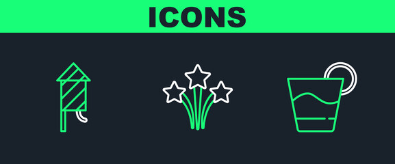 Set line Cocktail, Firework rocket and icon. Vector
