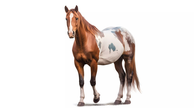 Behold the quiet majesty of a horse standing still, exuding a serene and powerful presence. Every muscle is poised with grace. White background.