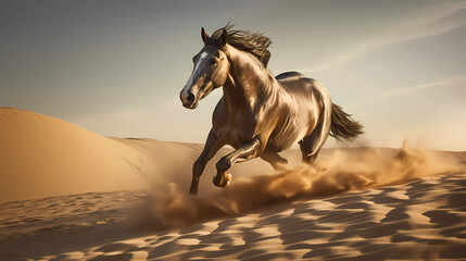 Witness the mesmerizing spectacle of a horse galloping through a vast sand dune, leaving a trail of billowing golden sand in its wake.