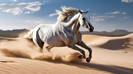 Naklejka na ściany i meble Witness the mesmerizing spectacle of a horse galloping through a vast sand dune, leaving a trail of billowing golden sand in its wake.