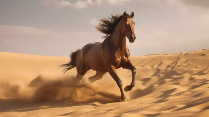 Obraz na płótnie Canvas Witness the mesmerizing spectacle of a horse galloping through a vast sand dune, leaving a trail of billowing golden sand in its wake.