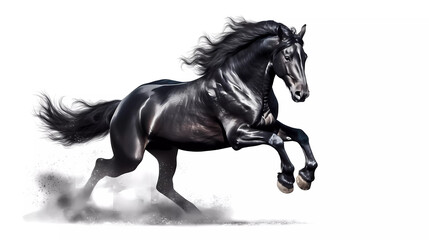 Witness the power and grace of a majestic black horse in motion as it gallops. White background. 