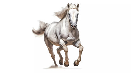 Witness the power and grace of a majestic white horse in motion as it gallops. White background. 