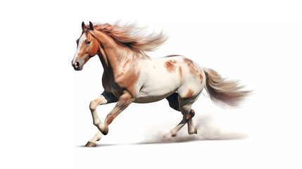 Witness the power and grace of a majestic white horse in motion as it gallops. White background. 