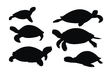 Turtle crawling in different positions, silhouette set vector. Adult turtle silhouette collection on a white background. Beautiful sea creatures like turtles and tortoises full body silhouette bundles