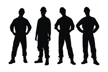 Male mechanic silhouette set vector on a white background. Male industrial workers wearing uniforms and standing in different positions. Anonymous mechanic men wearing safety helmets silhouette bundle
