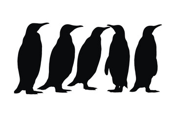 Penguin standing in different positions, silhouette set vector. Adult penguin silhouette collection on a white background. Arctic bird and creature full body silhouette bundle in dark color.