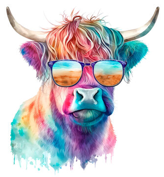 Watercolor colorful highland cow with glasses. Realistic hippie animal head illustration. Created with Generative AI technology.