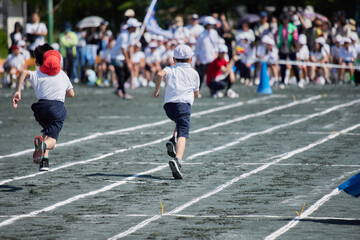 小学校の運動会で短距離走をしている学生達の後ろ姿